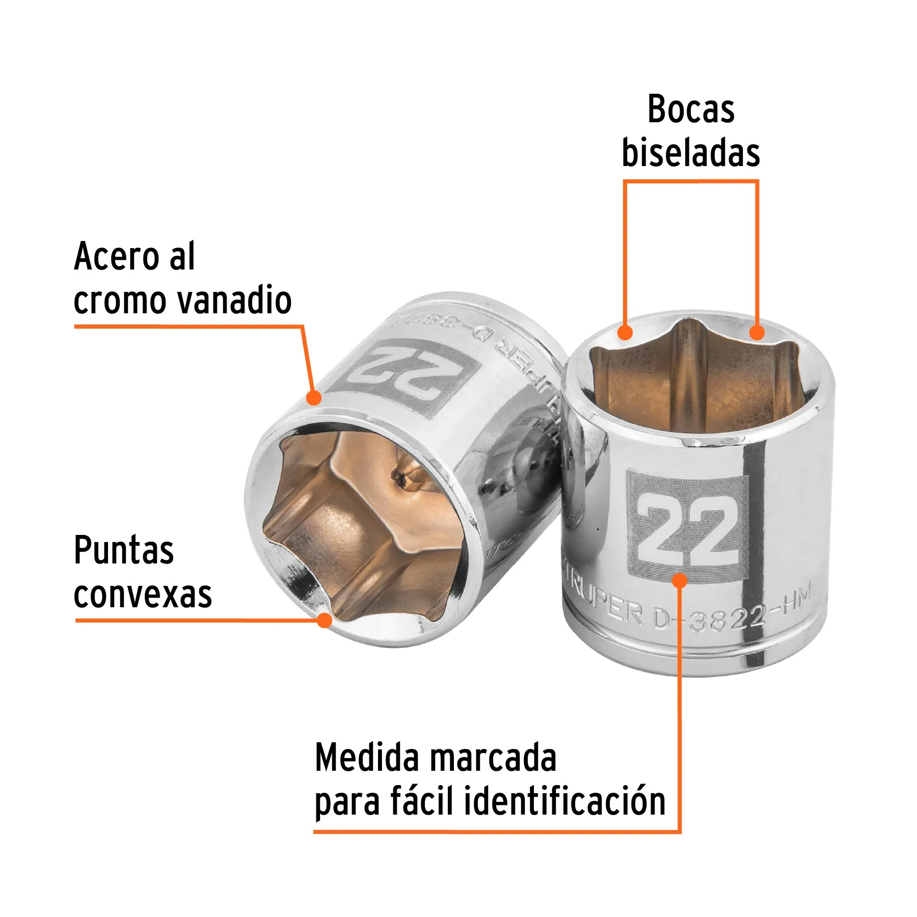 Dado de 22 mm, 6 puntas, cuadro 3/8