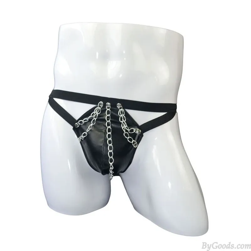 Sexy Faux Leather Metal Tassel Chain Underwear Knickers Panties Sissy Underpants Crossdress T-back Bikini Men's Lingerie G-strin